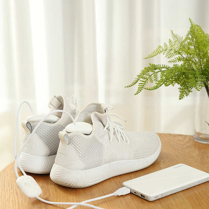 White sneakers with charging cable on a wooden surface with a plant in the background