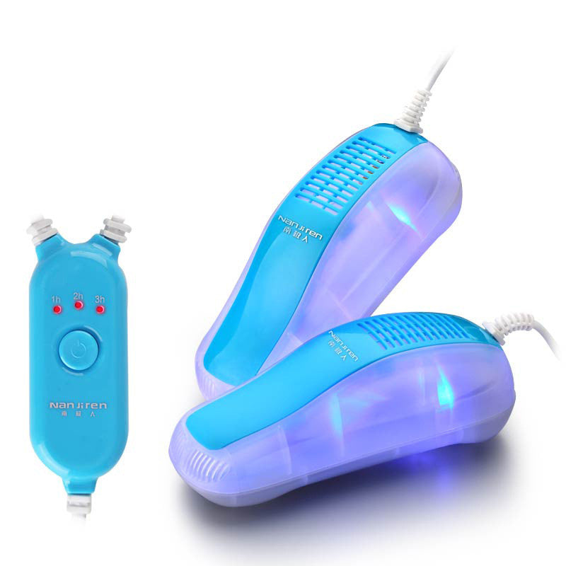 Blue and purple shoe dryer with a control unit on a white background