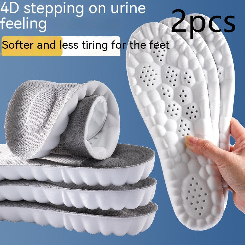 Stack of shoe inserts with a hand holding one, on a blue background with text about comfort.