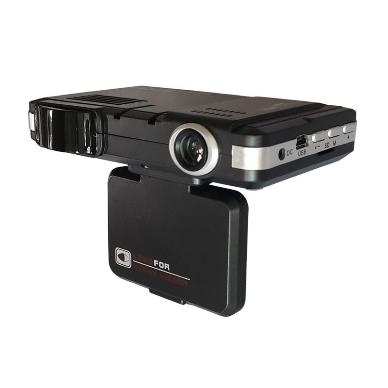 Black car dashboard camera with multiple ports on a white background