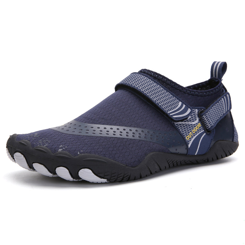 Navy blue water shoe with gray accents on a white background