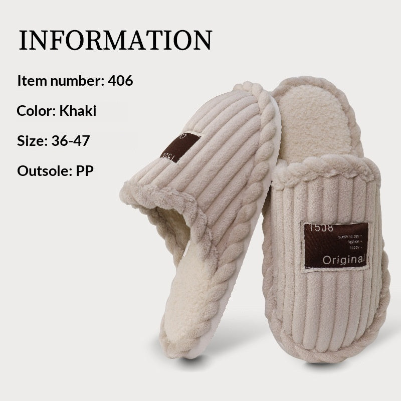 Pair of beige slippers with a brand label on a white background, featuring product information text.