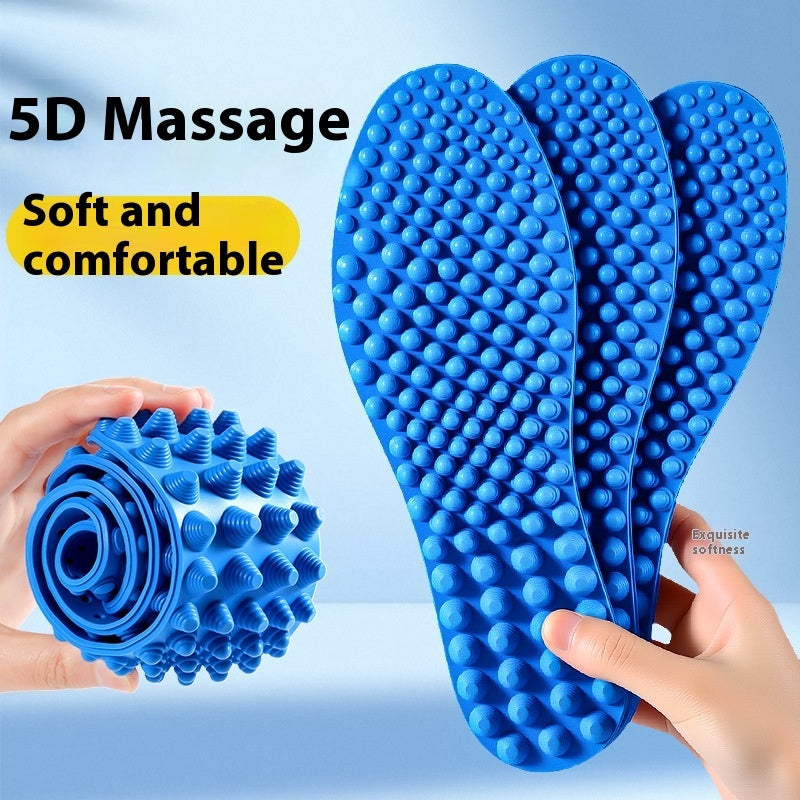 Blue massage ball and insoles with text '5D Massage' and 'Soft and comfortable' on a light blue background.