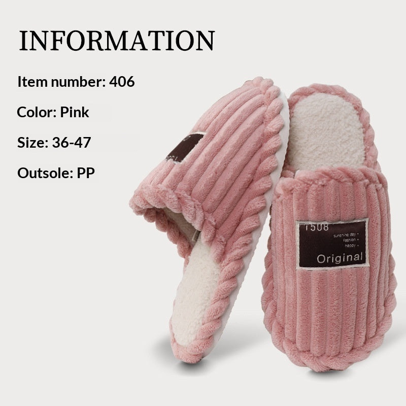 Pink slippers with white soles on a light gray background, featuring product information text.