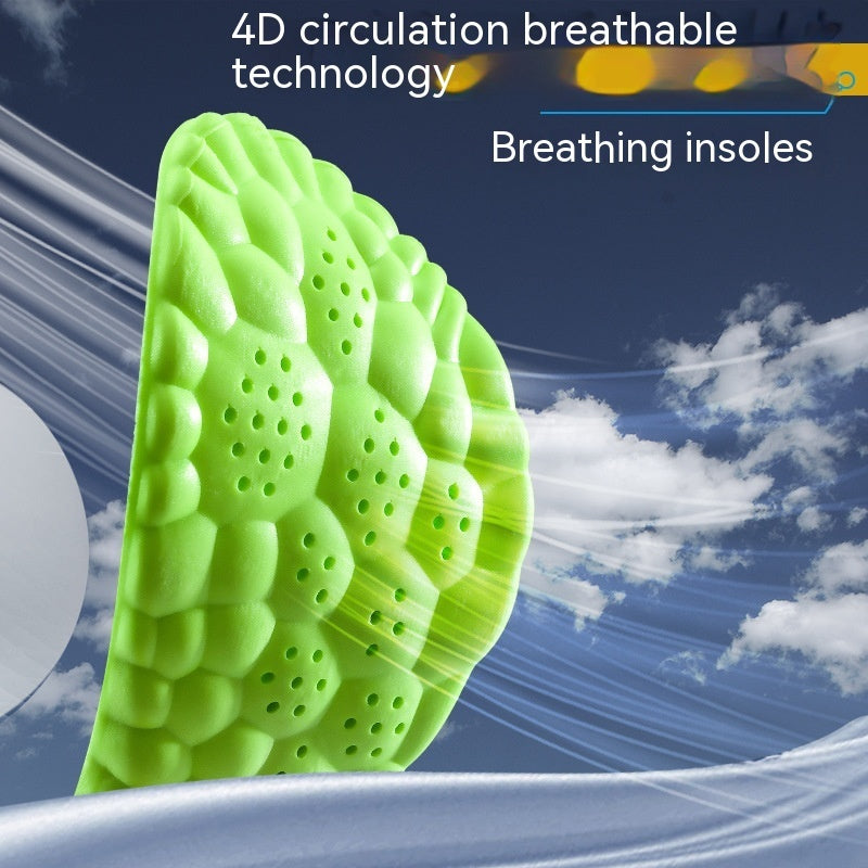 Green breathing insole with text about 4D circulation technology against a blue sky background