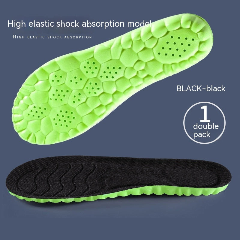 Green and black shoe insoles with high elastic shock absorption on a blue background