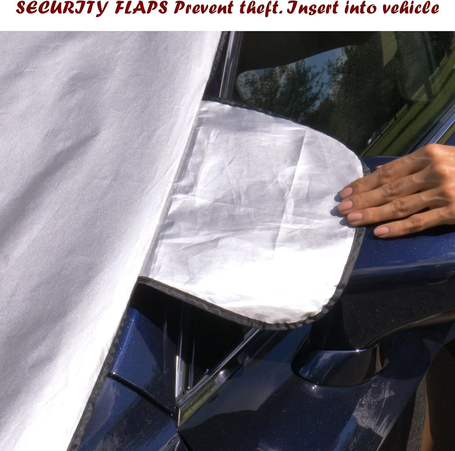 Car security flap being applied to a vehicle window with text indicating its use.