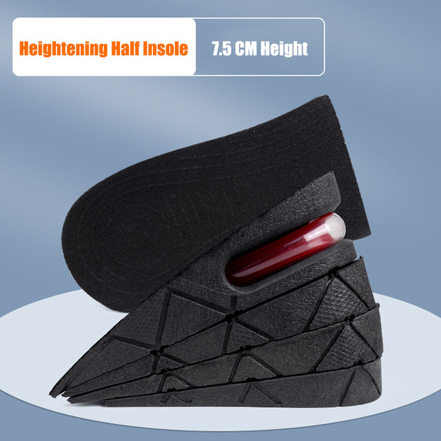 Black heightening half insole with red interior on a blue background
