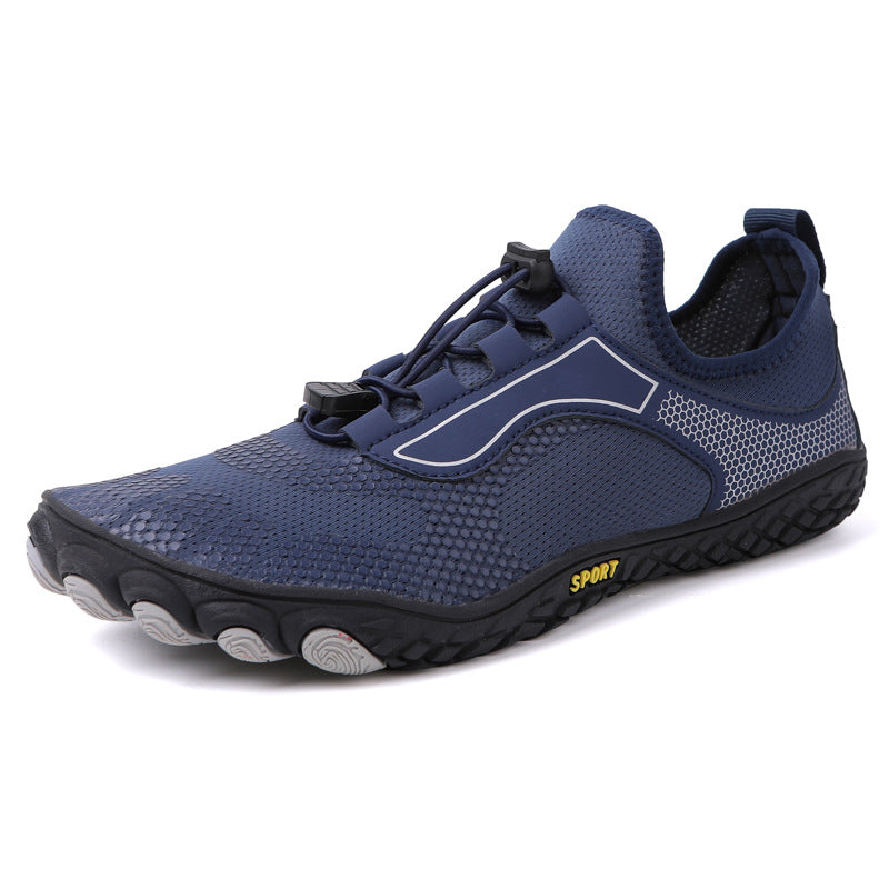 Blue athletic shoe with black sole on a white background