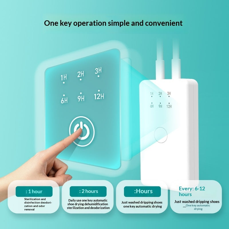 Smart shoe drying device with digital display and control panel on a teal background
