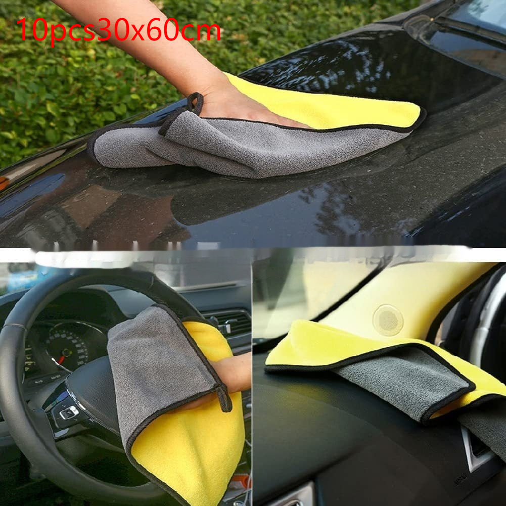 Microfiber cloths being used on a car's surface with text indicating size.