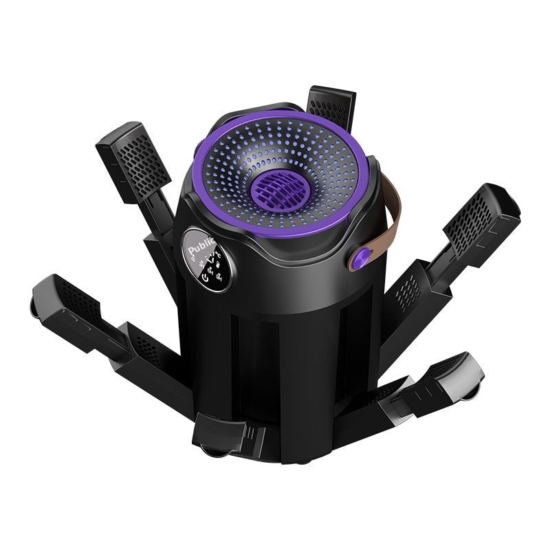 Black and purple electronic device with multiple arms on a white background