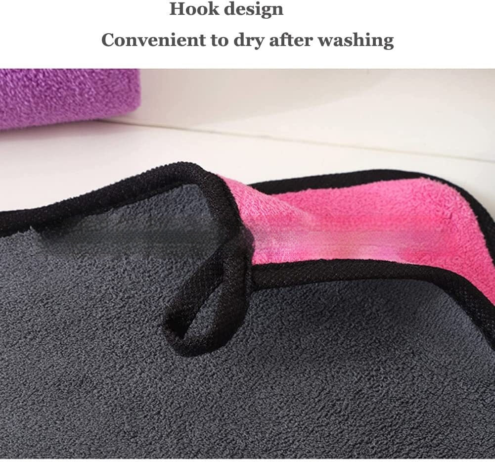 Gray towel with pink and purple edges, featuring a hook design for convenience.