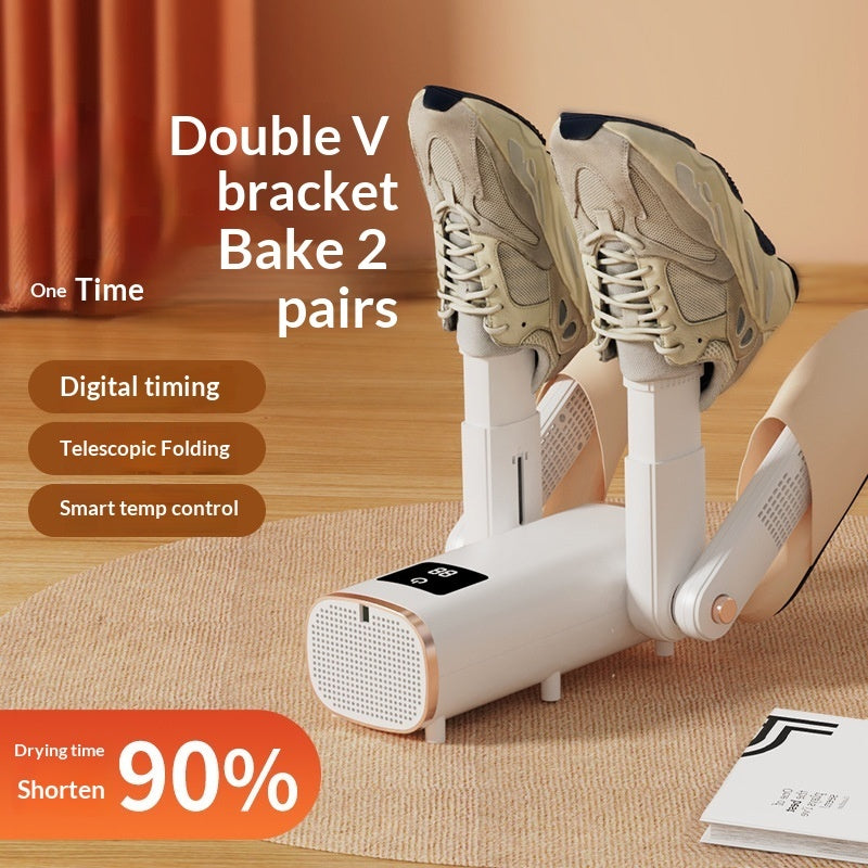 Shoe dryer with shoes on a wooden floor, featuring text about its features and benefits.