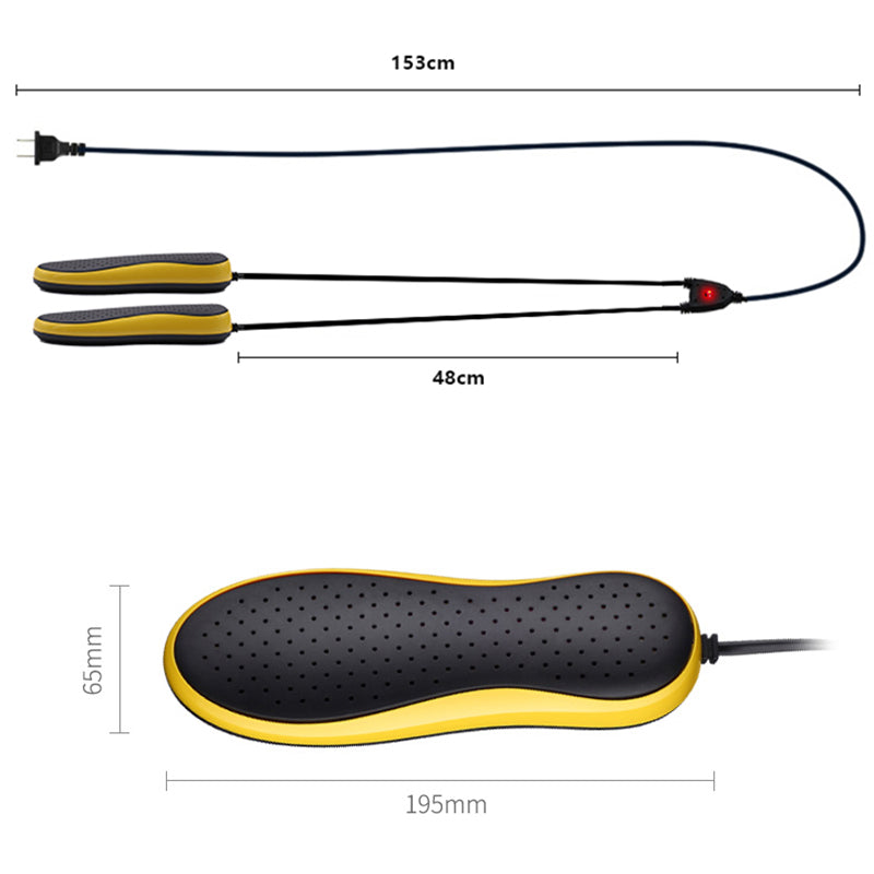 Black and yellow electric heating pad with measurements on a white background