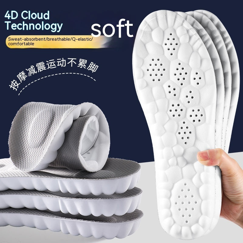 Stack of white shoe inserts with gray mesh material, labeled '4D Cloud Technology soft'.
