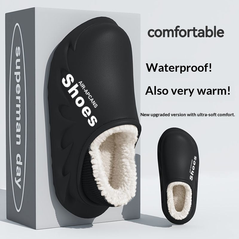 Black slipper with white lining on a gray box, featuring text about comfort, waterproofness, and warmth.