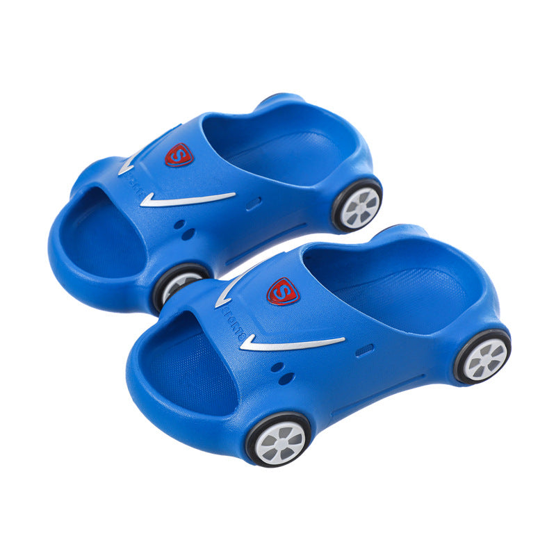 Two blue car-shaped sandals with white arrows and red logos on a white background