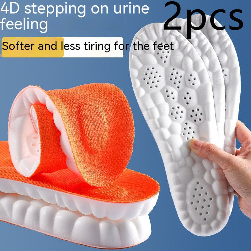 Orange and white shoe inserts with text on a blue background
