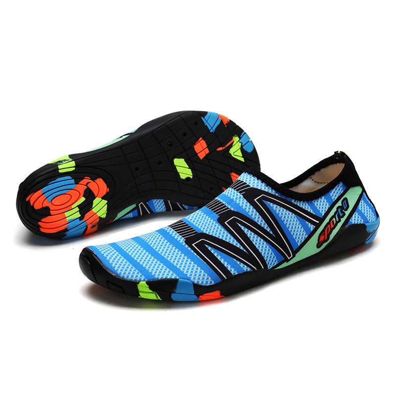 Colorful water shoes with a brand logo on a white background
