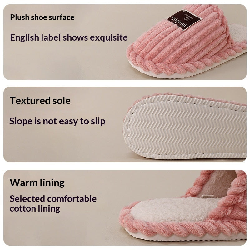 Pink slipper with text highlighting features like plush surface, textured sole, and warm lining.