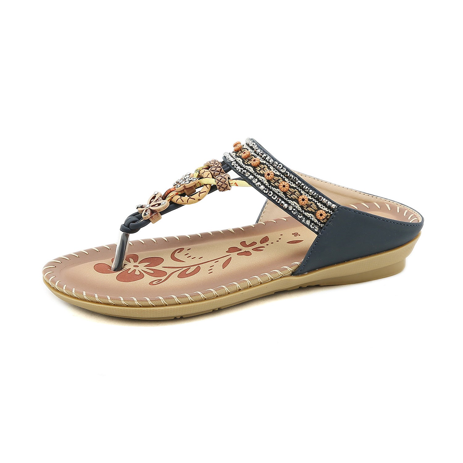 Flip-flop sandal with decorative straps on a white background