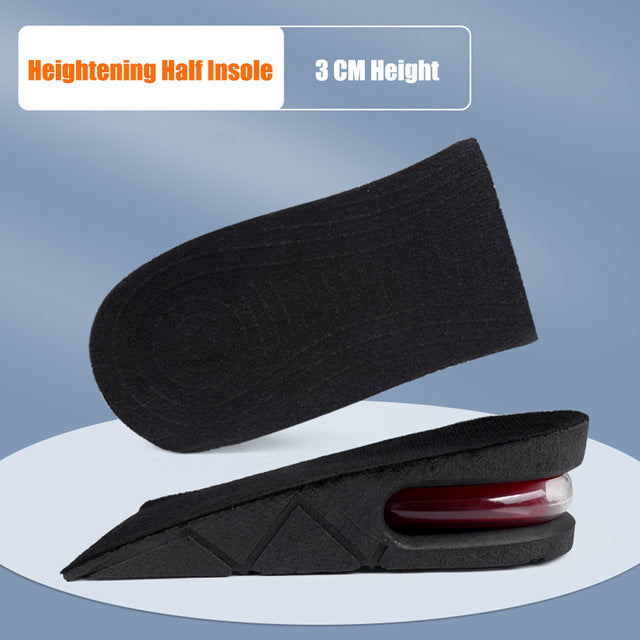 Black heightening half insole with text indicating 3 CM height on a blue background