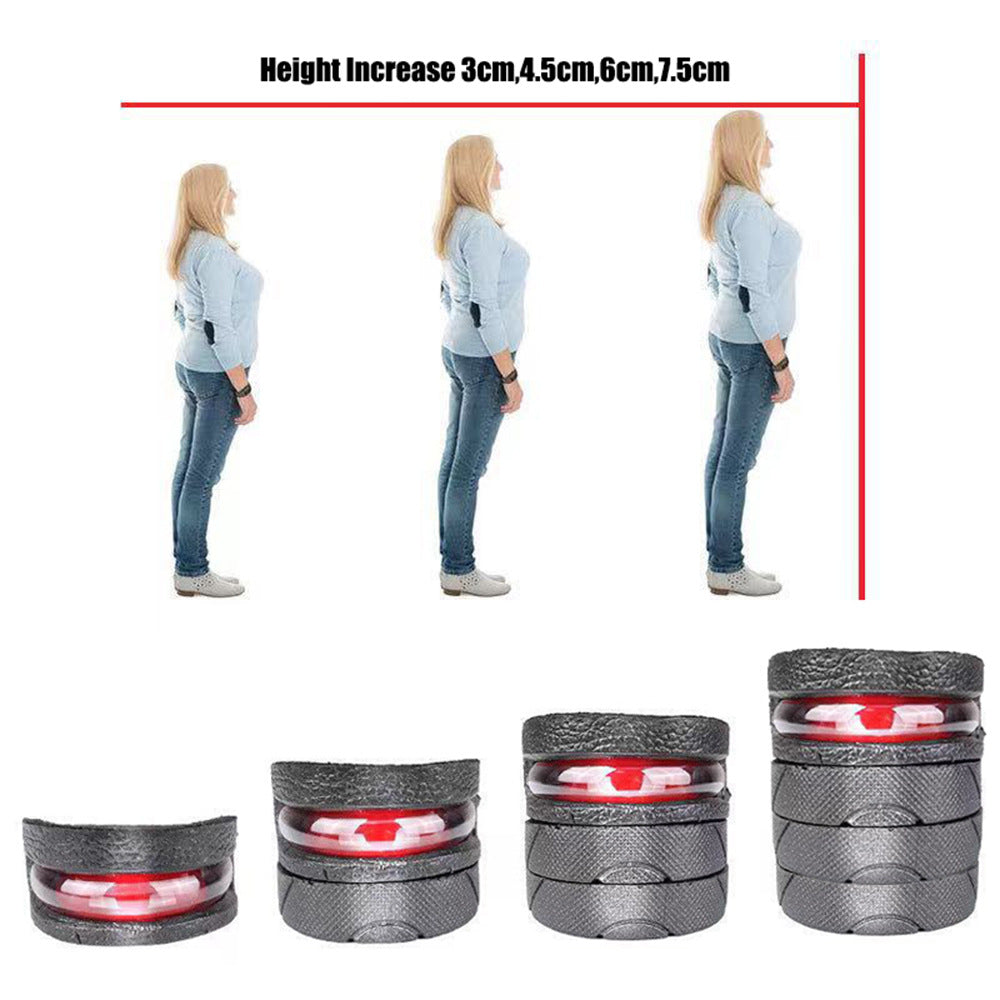 Illustration of height increase with different cushion sizes and a person wearing them.