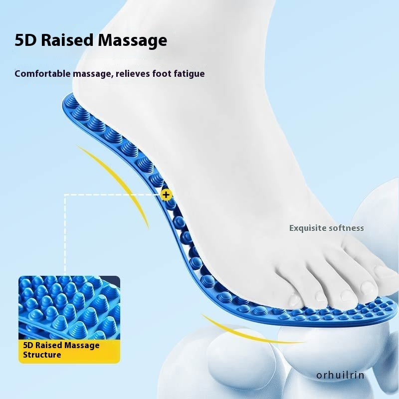 Blue 5D raised massage pad on a foot with text highlighting its benefits on a light blue background.