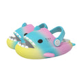 Colorful shark-shaped clogs with a tie-dye design on a white background