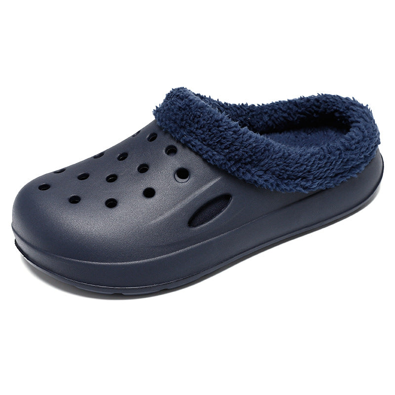 Navy blue clog with fuzzy lining on a white background
