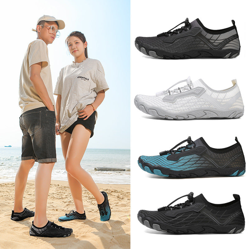 Two people on a beach wearing shoes, with additional shoe images displayed.