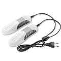 White shoe dryers with a black cord and plug on a white background