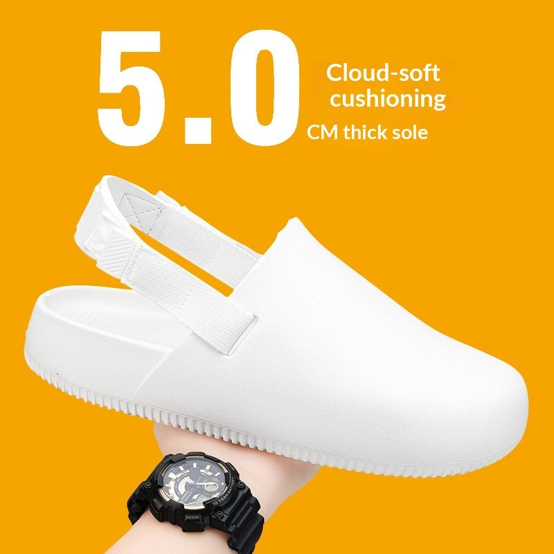 White shoe with cloud-soft cushioning and thick sole on an orange background