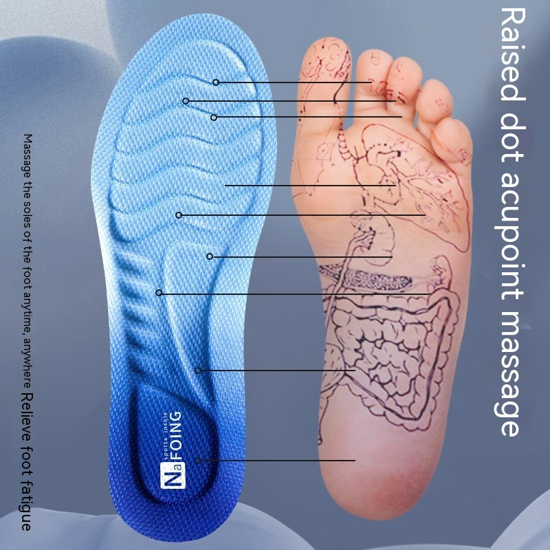 Blue insole with acupoint massage diagram on a foot, Nafoing brand visible