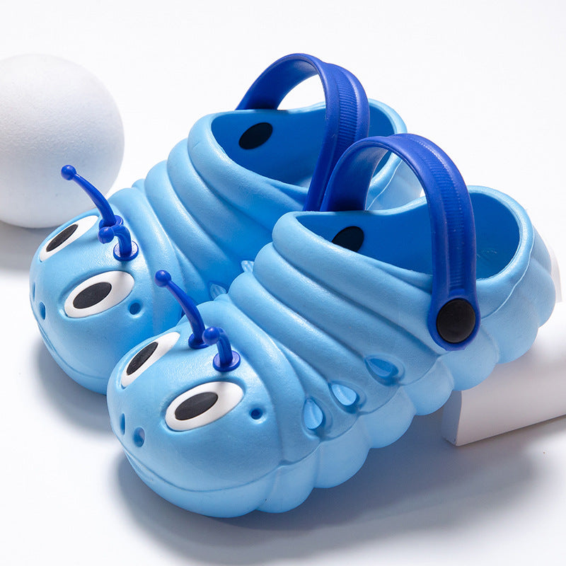 Blue caterpillar-shaped shoes on a white background