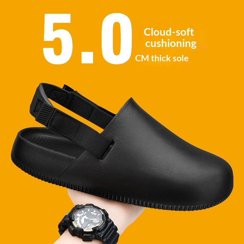 Black slip-on shoe with cloud-soft cushioning and thick sole on an orange background