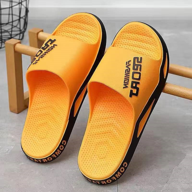 Pair of yellow slides with black text on a wooden stand.