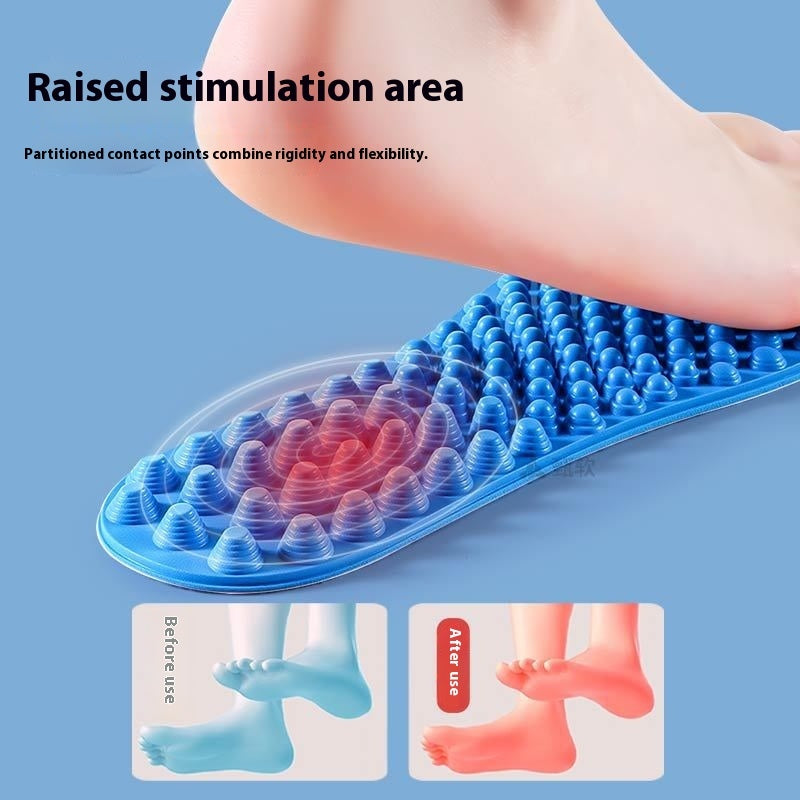 Blue foot massager with text on a blue background