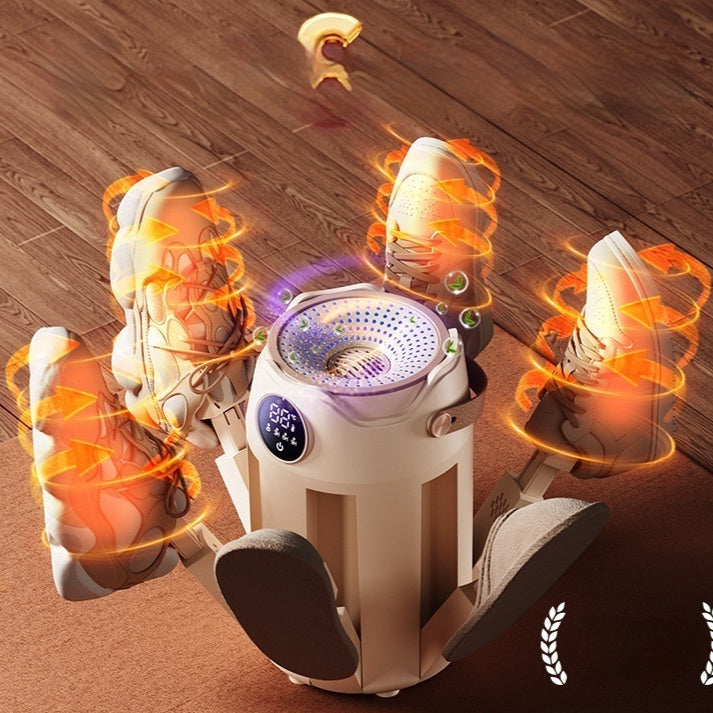 Robotic device with glowing elements on a wooden floor