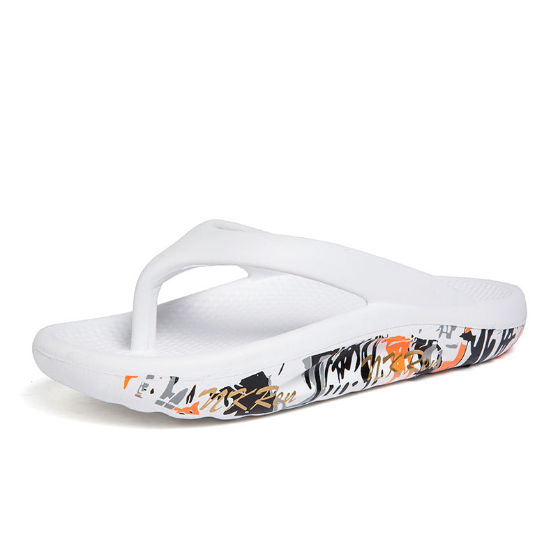 White flip-flop with colorful pattern on a white background
