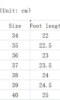 Table showing shoe size and corresponding foot length in centimeters