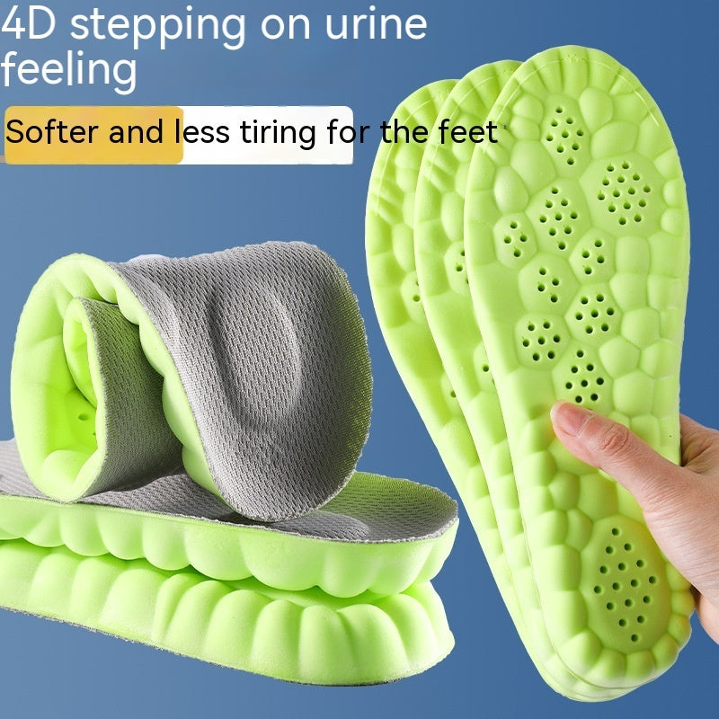 Green shoe insoles with a textured surface and a hand holding one, on a blue background.