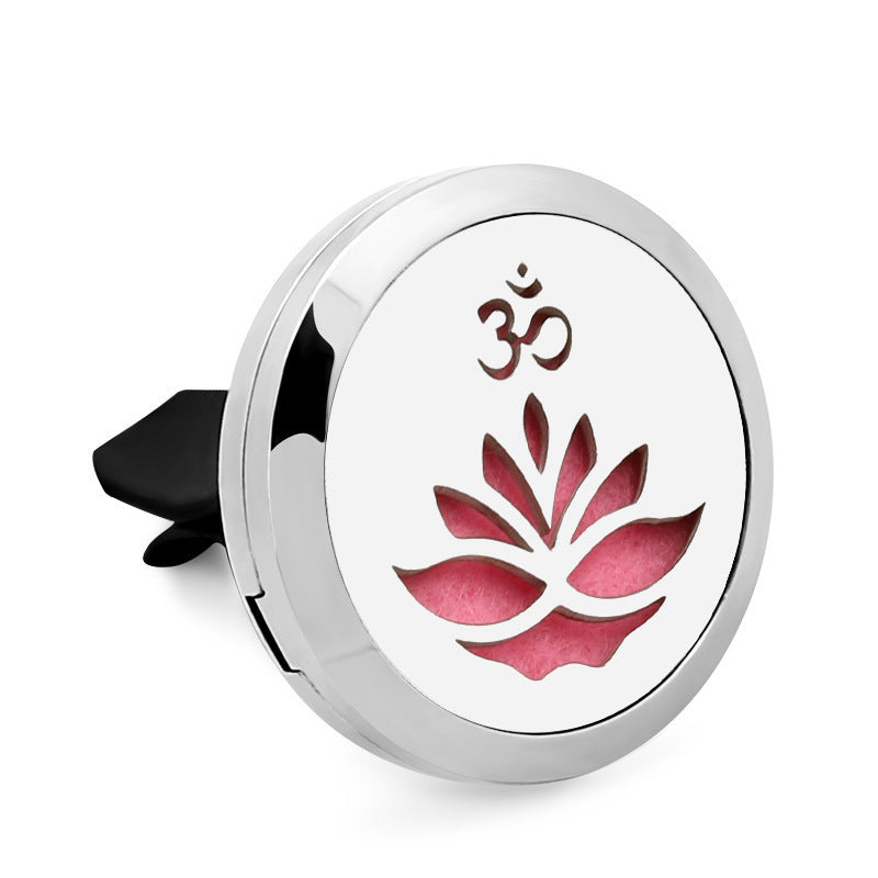 Car air freshener with Om symbol and pink lotus flower on a white background