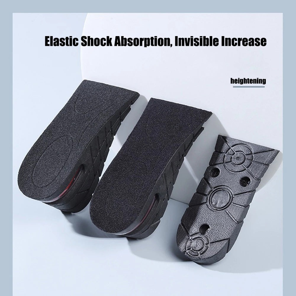 Black shoe insoles with text 'Elastic Shock Absorption, Invisible Increase' on a light gray background.