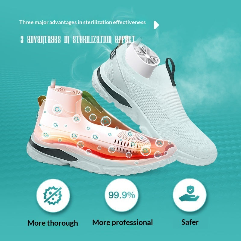 Shoe with sterilization technology on a teal background, highlighting advantages in sterilization effectiveness.