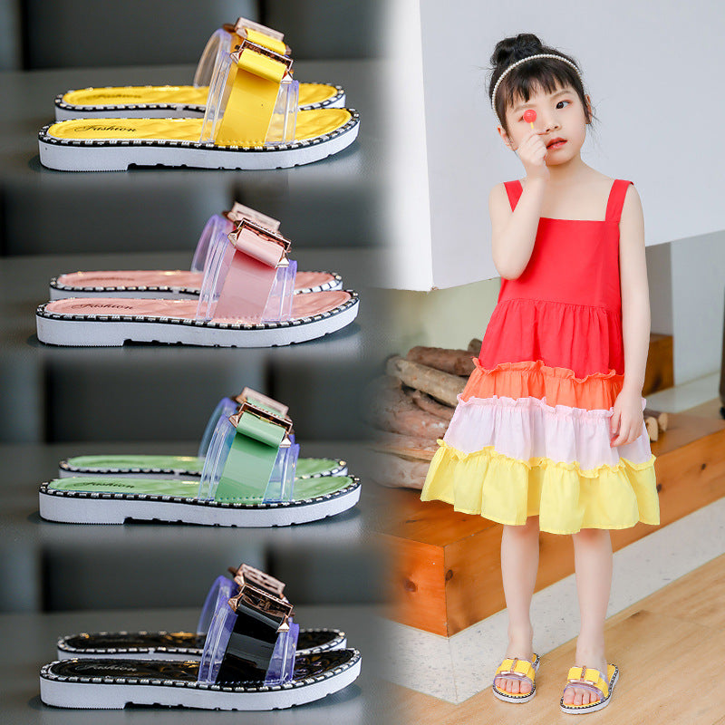 Collage of children's sandals in various colors with a child wearing a colorful dress and sandals.