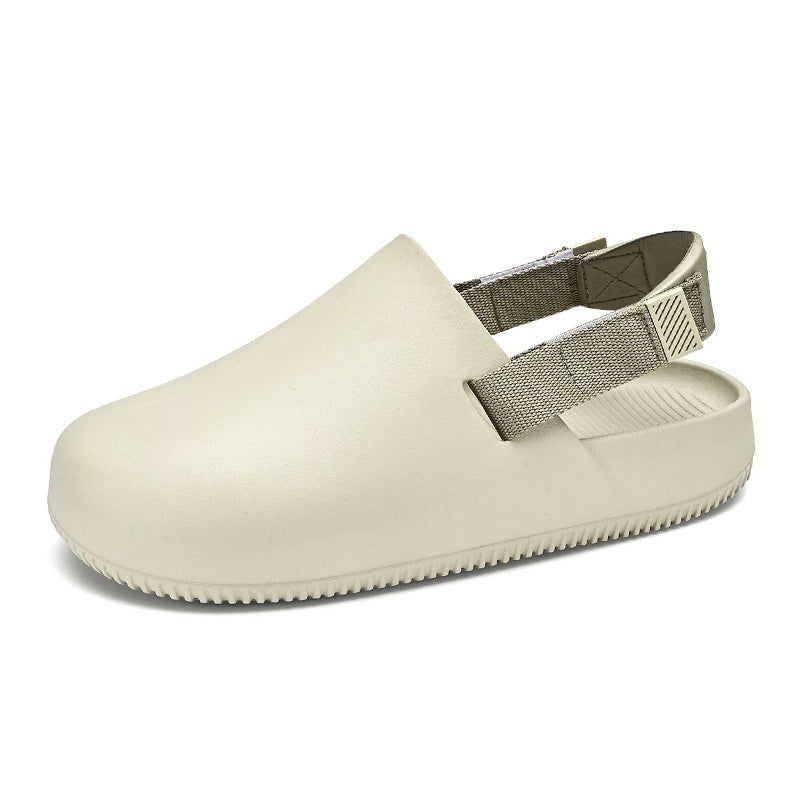 Beige clog shoe with a strap on a white background