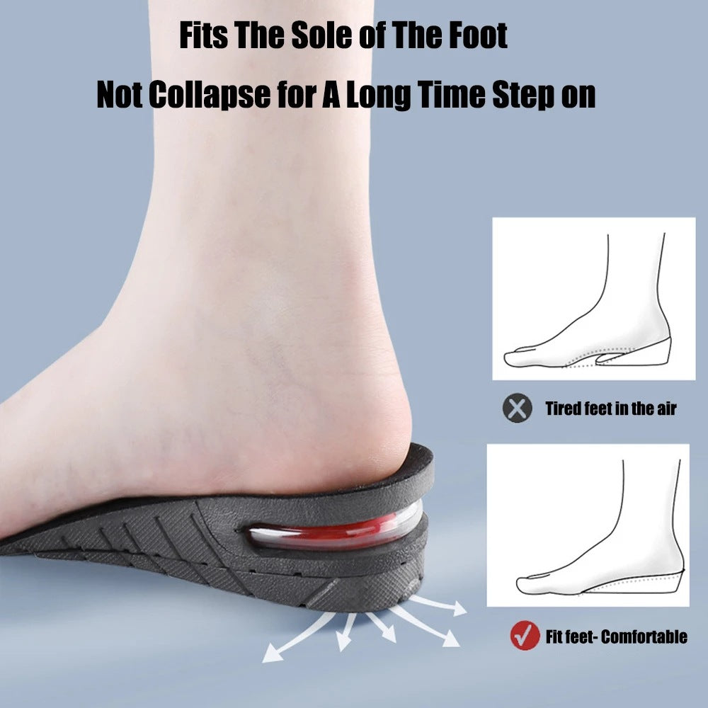 Foot wearing an orthotic insole with text and illustrations on a light blue background