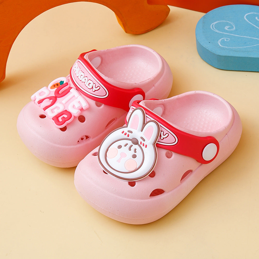 Pink children's sandals with a bunny design on a yellow background
